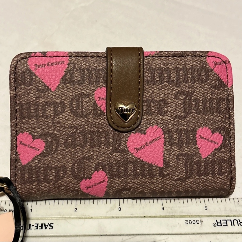 Juicy Couture Wallet Brown Chestnut w/ Hearts Follow Your Heart Tab Card Bifold